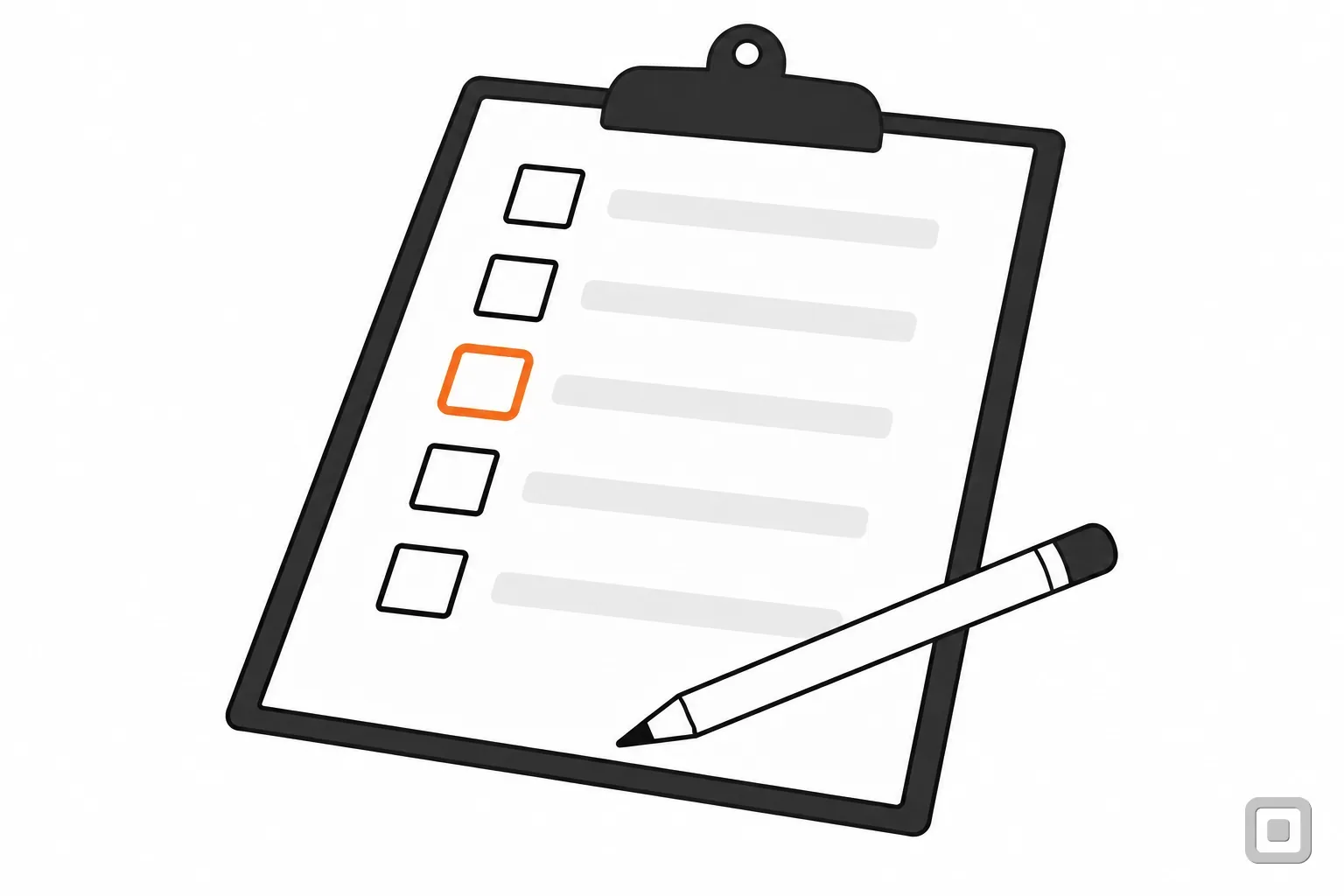 Line drawing of an audit checklist on a clipboard with a pencil across it, one empty box ringed in orange