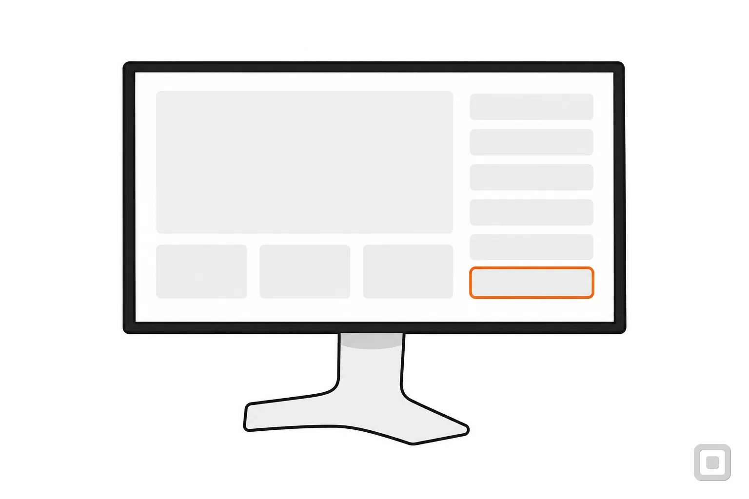 Line drawing of a monitor showing a page beside a list panel, one row ringed in orange