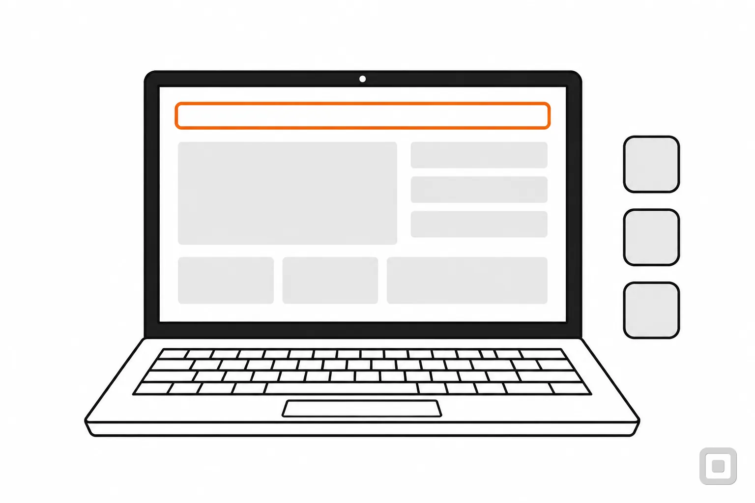 Line drawing of a laptop page with its top skip bar ringed in orange and three small tiles beside it