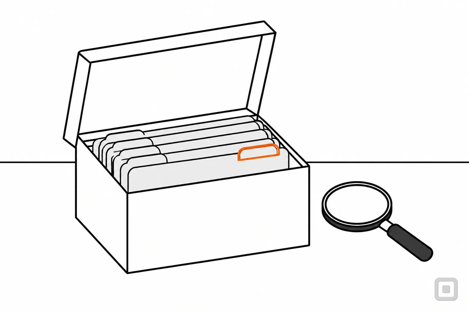 Line drawing of a box of index cards with one tab ringed in orange and a magnifier