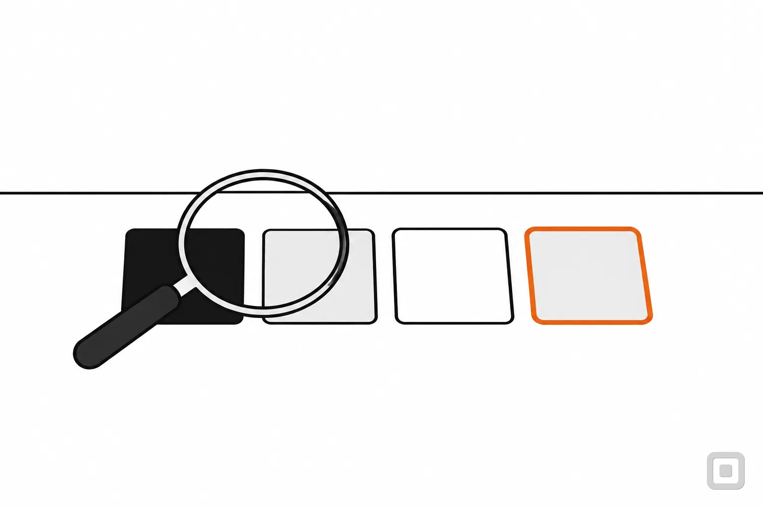Line drawing of colour swatches on a desk under a magnifier, one swatch ringed in orange