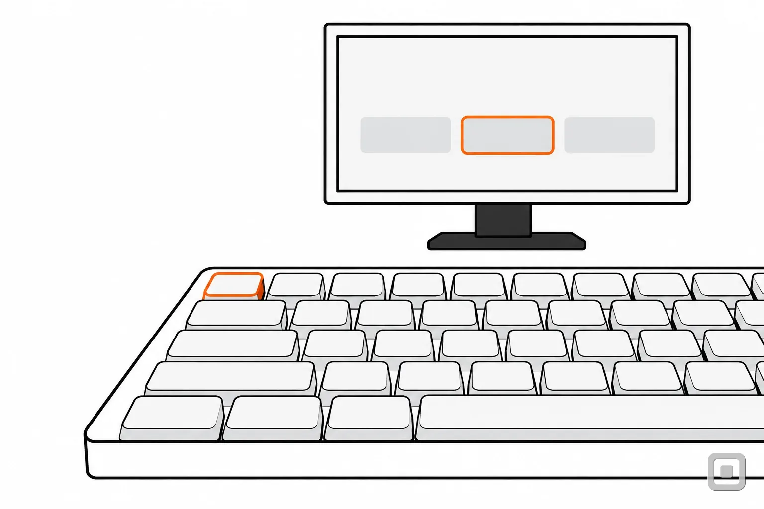 Line drawing of the end of a keyboard with one key outlined in orange before a monitor whose middle button is ringed in orange