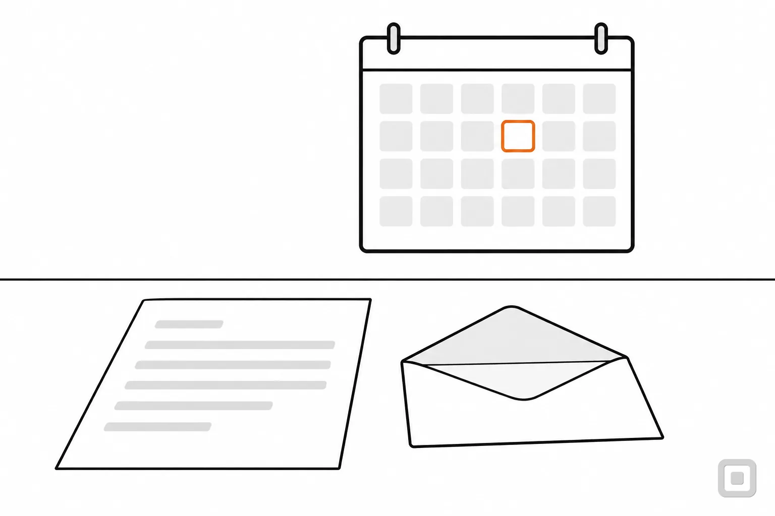 Line drawing of a letter, an envelope and a calendar with one day ringed in orange