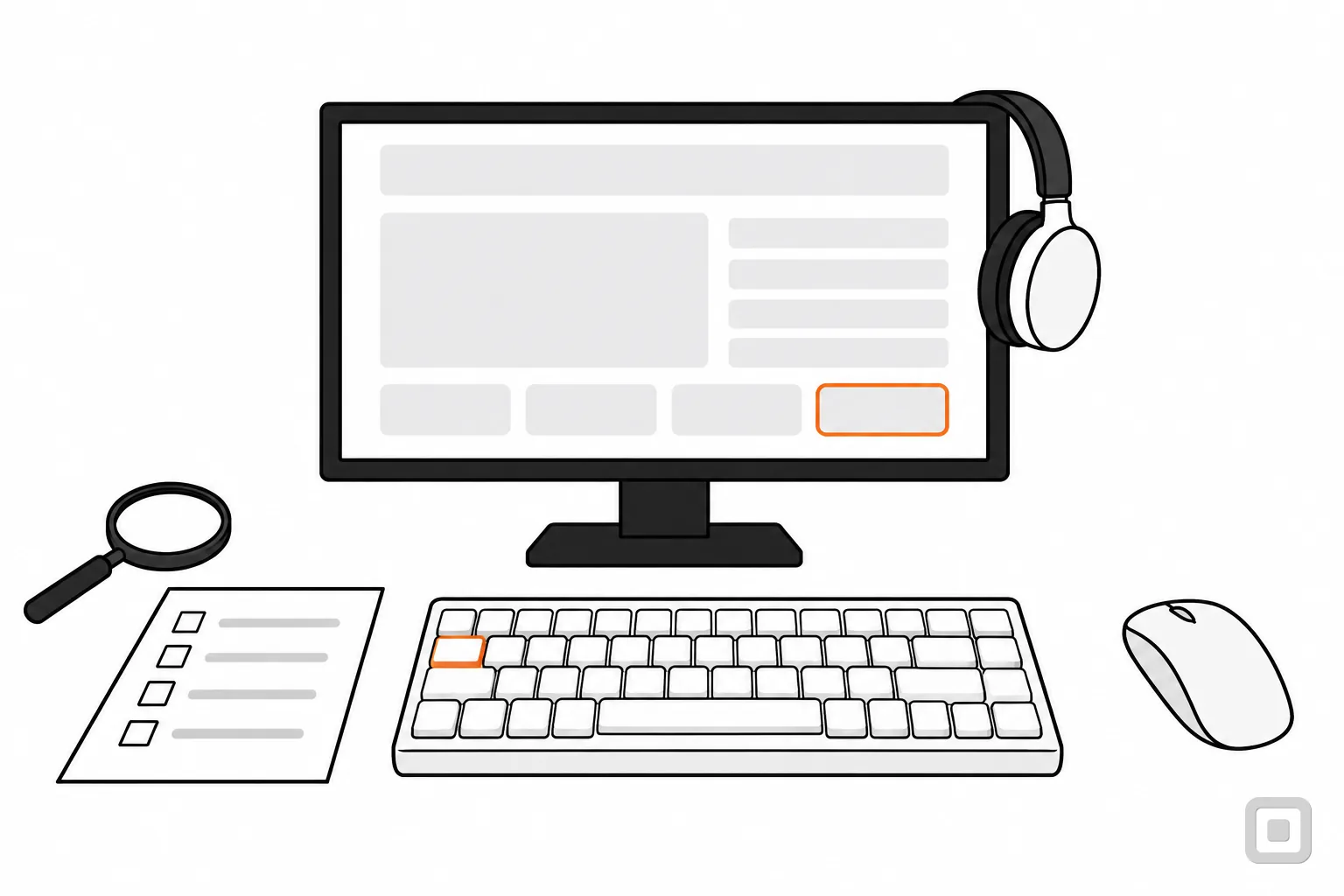 Line drawing of a desk: a monitor with one button ringed in orange, a keyboard with one orange key, headphones, a checklist, a magnifier and a mouse