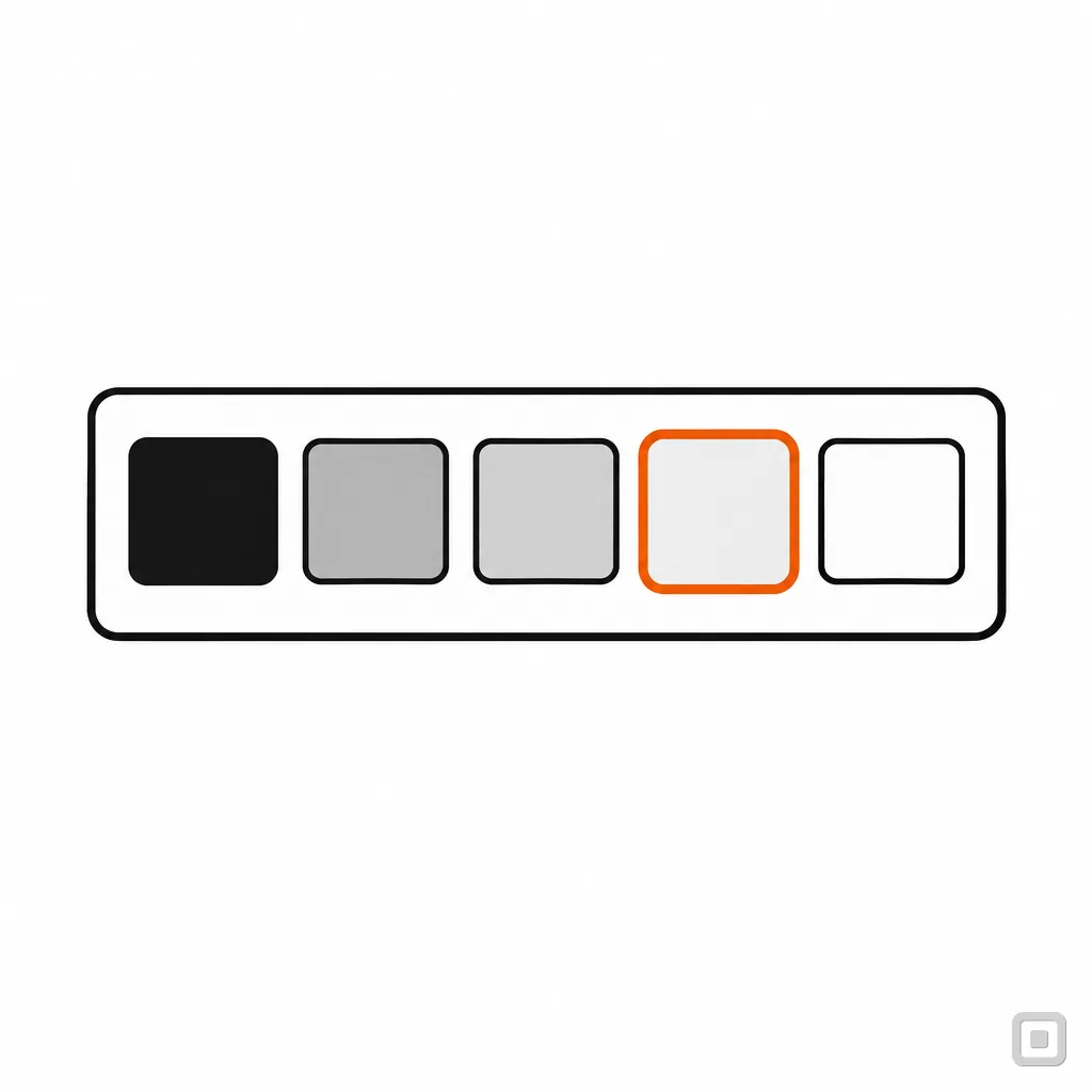 Line drawing of a palette card with five swatches, one ringed in orange