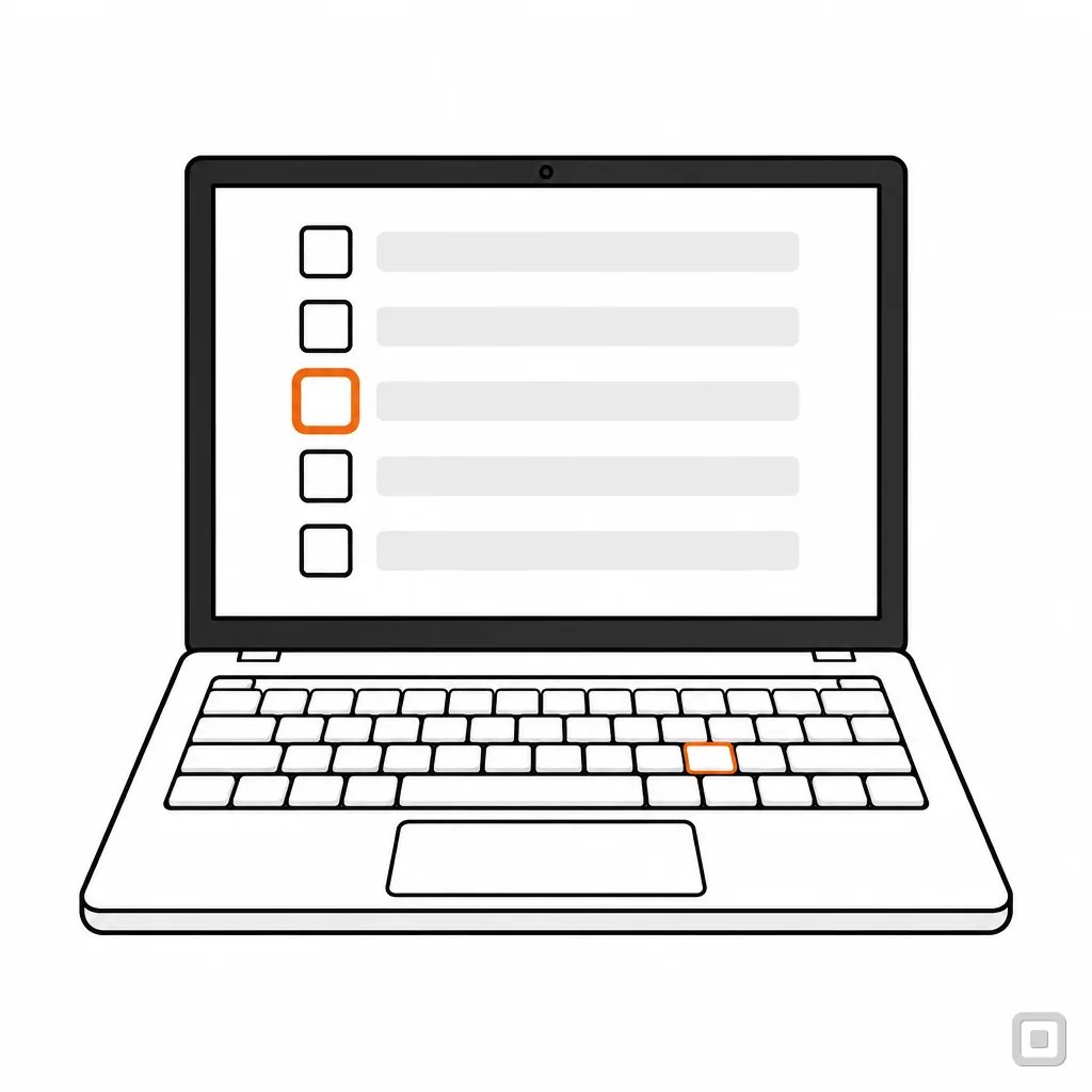 Line drawing of a laptop showing a checklist, one box ringed in orange