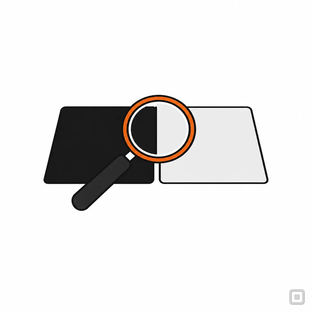 Line drawing of a black and a grey swatch under a magnifier whose lens is ringed in orange