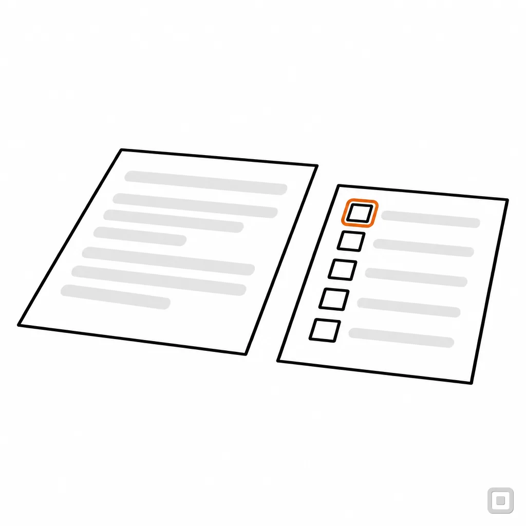 Line drawing of a letter beside a short checklist, the first box ringed in orange