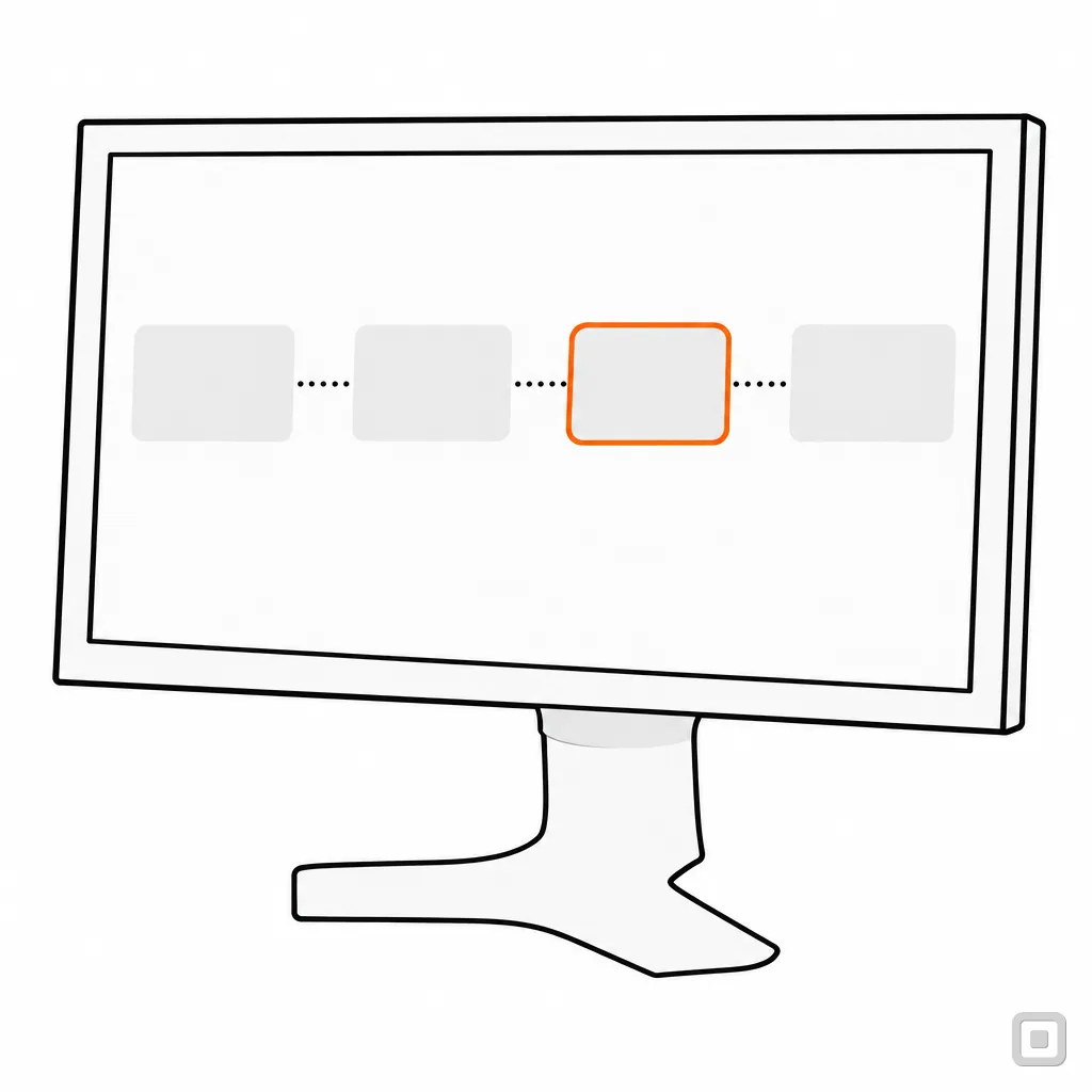 Line drawing of page blocks on a monitor joined by a dotted path, one block ringed in orange