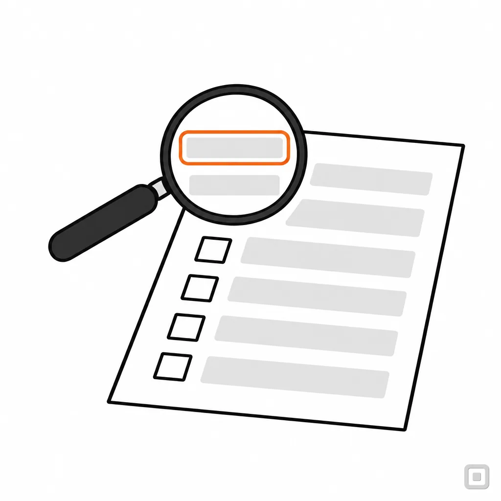Line drawing of a document under a magnifier, its heading ringed in orange