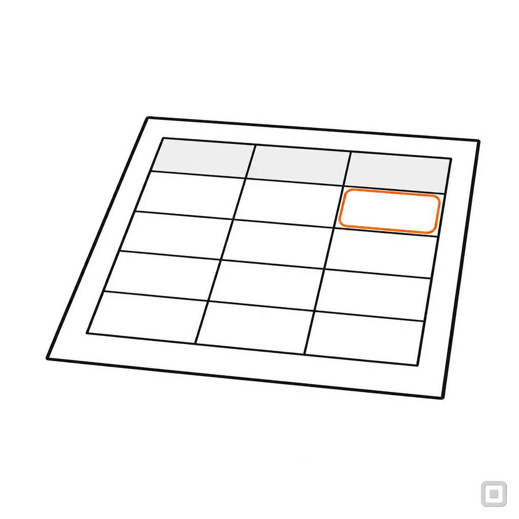 Line drawing of a blank three-column table, one cell ringed in orange