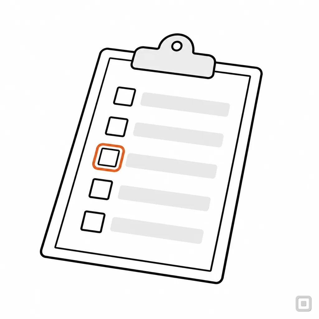 Line drawing of a checklist on a clipboard with one box ringed in orange